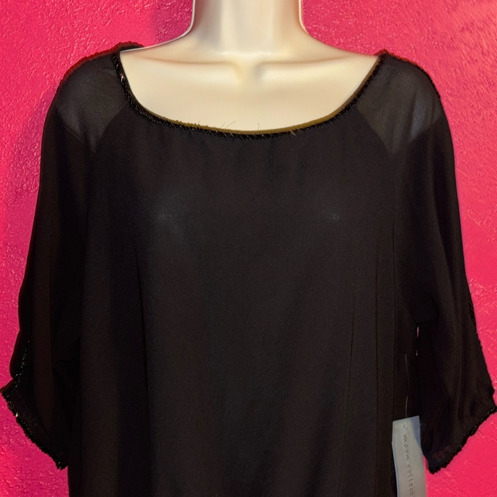 NWT Moon Collection black beaded open back sheer sleeved top.